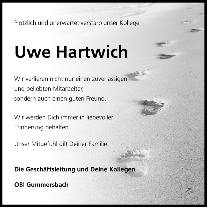 Traueranzeige für Uwe Hartwich vom 30.08.2019 aus Kölner Stadt-Anzeiger / Kölnische Rundschau / Express