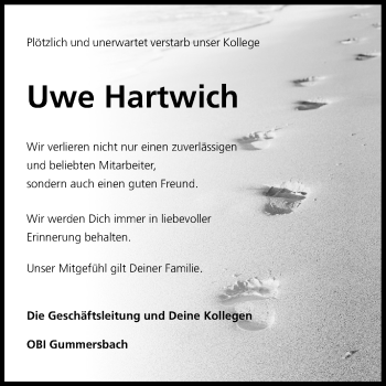 Anzeige von Uwe Hartwich von Kölner Stadt-Anzeiger / Kölnische Rundschau / Express