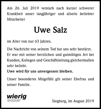 Anzeige von Uwe Salz von Kölner Stadt-Anzeiger / Kölnische Rundschau / Express