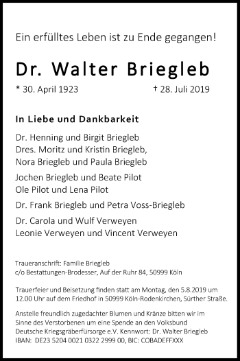 Anzeige von Walter Briegleb von Kölner Stadt-Anzeiger / Kölnische Rundschau / Express