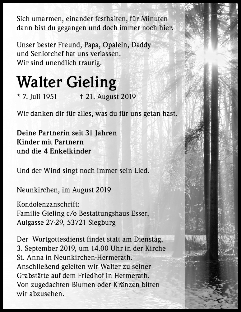  Traueranzeige für Walter Gieling vom 29.08.2019 aus Kölner Stadt-Anzeiger / Kölnische Rundschau / Express