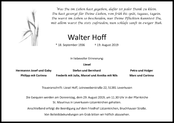 Anzeige von Walter Hoff von Kölner Stadt-Anzeiger / Kölnische Rundschau / Express