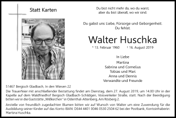 Anzeige von Walter Huschka von Kölner Stadt-Anzeiger / Kölnische Rundschau / Express