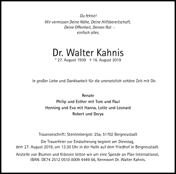 Anzeige von Walter Kahnis von Kölner Stadt-Anzeiger / Kölnische Rundschau / Express
