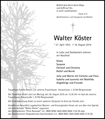 Anzeige von Walter Köster von Kölner Stadt-Anzeiger / Kölnische Rundschau / Express