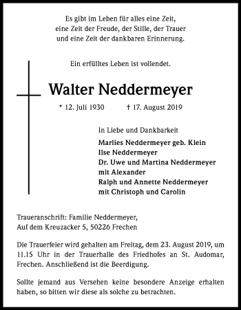 Anzeige von Walter Neddermeyer von Kölner Stadt-Anzeiger / Kölnische Rundschau / Express