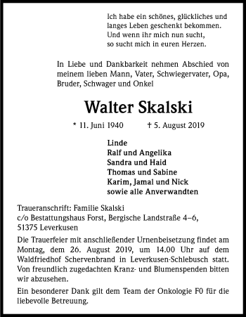 Anzeige von Walter Skalski von Kölner Stadt-Anzeiger / Kölnische Rundschau / Express