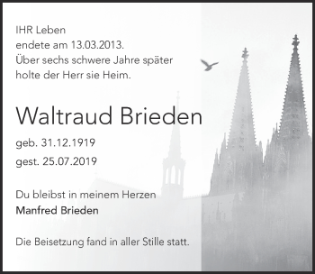 Anzeige von Waltraud Brieden von  Kölner Wochenspiegel 