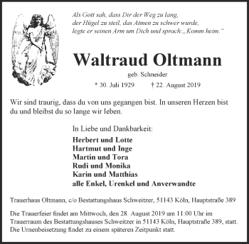 Anzeige von Waltraud Oltmann von  Kölner Wochenspiegel 