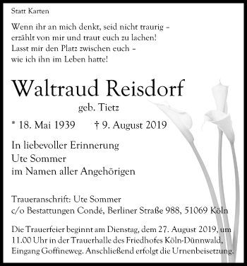 Anzeige von Waltraud Reisdorf von Kölner Stadt-Anzeiger / Kölnische Rundschau / Express