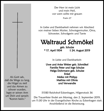 Anzeige von Waltraud Schmökel von Kölner Stadt-Anzeiger / Kölnische Rundschau / Express