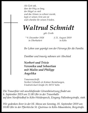 Anzeige von Waltrud Schmidt von Kölner Stadt-Anzeiger / Kölnische Rundschau / Express