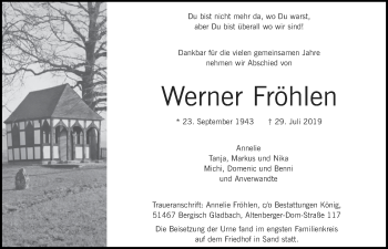 Anzeige von Werner Fröhlen von  Bergisches Handelsblatt 
