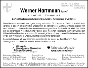 Anzeige von Werner Hartmann von Kölner Stadt-Anzeiger / Kölnische Rundschau / Express