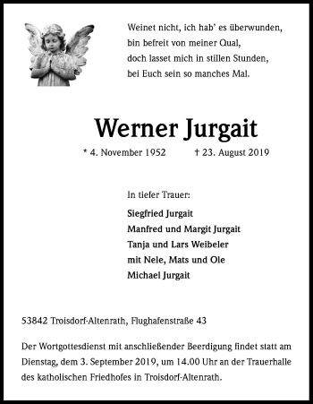 Anzeige von Werner Jurgait von Kölner Stadt-Anzeiger / Kölnische Rundschau / Express