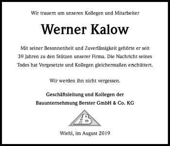 Anzeige von Werner Kalow von Kölner Stadt-Anzeiger / Kölnische Rundschau / Express