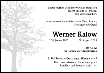 Anzeige von Werner Kalow von Kölner Stadt-Anzeiger / Kölnische Rundschau / Express