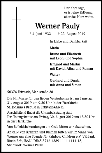 Anzeige von Werner Pauly von Kölner Stadt-Anzeiger / Kölnische Rundschau / Express