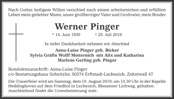 Anzeige von Werner Pinger von  Werbepost 