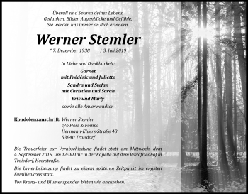 Anzeige von Werner Stemler von Kölner Stadt-Anzeiger / Kölnische Rundschau / Express