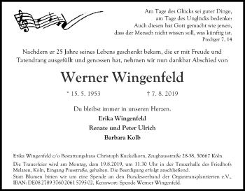 Anzeige von Werner Wingenfeld von Kölner Stadt-Anzeiger / Kölnische Rundschau / Express