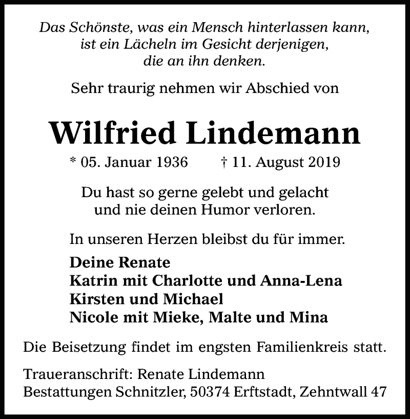  Traueranzeige für Wilfried Lindemann vom 17.08.2019 aus Kölner Stadt-Anzeiger / Kölnische Rundschau / Express