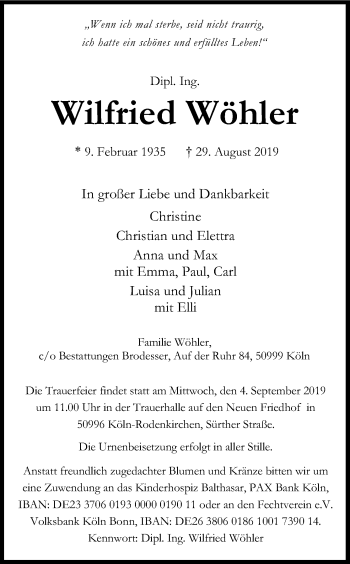 Anzeige von Wilfried Wöhler von Kölner Stadt-Anzeiger / Kölnische Rundschau / Express