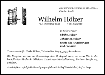 Anzeige von Wilhelm Hölzer von Kölner Stadt-Anzeiger / Kölnische Rundschau / Express
