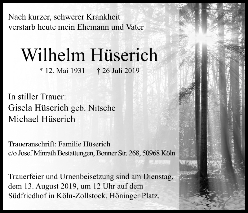  Traueranzeige für Wilhelm Hüserich vom 03.08.2019 aus Kölner Stadt-Anzeiger / Kölnische Rundschau / Express