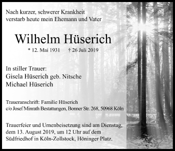 Anzeige von Wilhelm Hüserich von Kölner Stadt-Anzeiger / Kölnische Rundschau / Express