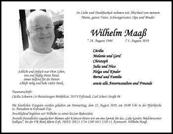 Anzeige von Wilhelm Maaß von Kölner Stadt-Anzeiger / Kölnische Rundschau / Express