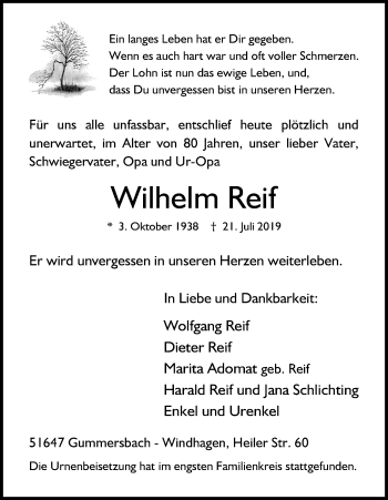 Anzeige von Wilhelm Reif von Kölner Stadt-Anzeiger / Kölnische Rundschau / Express
