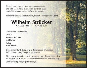 Anzeige von Wilhelm Strücker von Kölner Stadt-Anzeiger / Kölnische Rundschau / Express