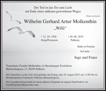 Anzeige von Wilhelm Gerhard Artur Molkenthin von  Sonntags-Post 