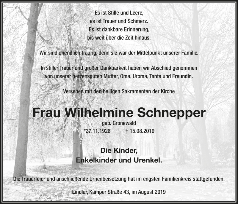  Traueranzeige für Wilhelmine Schnepper vom 28.08.2019 aus  Anzeigen Echo 
