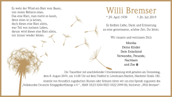 Anzeige von Willi Bremser von Kölner Stadt-Anzeiger / Kölnische Rundschau / Express