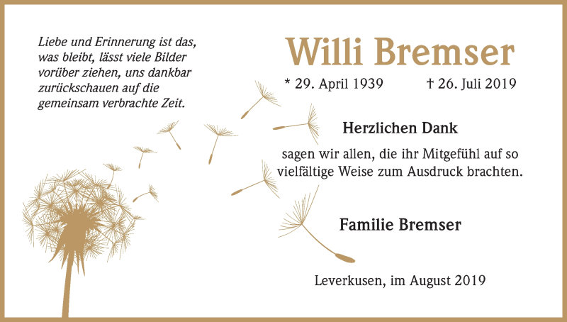  Traueranzeige für Willi Bremser vom 31.08.2019 aus Kölner Stadt-Anzeiger / Kölnische Rundschau / Express
