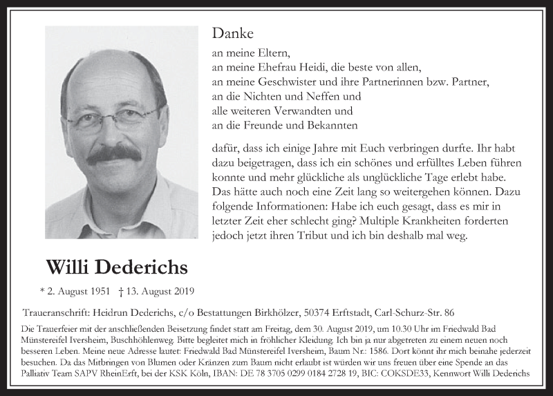  Traueranzeige für Willi Dederichs vom 28.08.2019 aus  Werbepost 