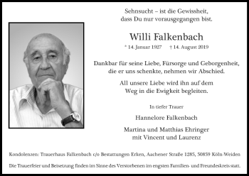 Anzeige von Willi Falkenbach von Kölner Stadt-Anzeiger / Kölnische Rundschau / Express
