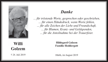 Anzeige von Willi Golzem von  Wochenende 