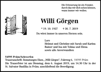 Anzeige von Willi Görgen von  Blickpunkt Euskirchen 