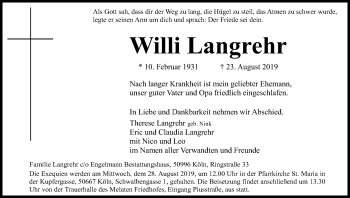 Anzeige von Willi Langrehr von Kölner Stadt-Anzeiger / Kölnische Rundschau / Express