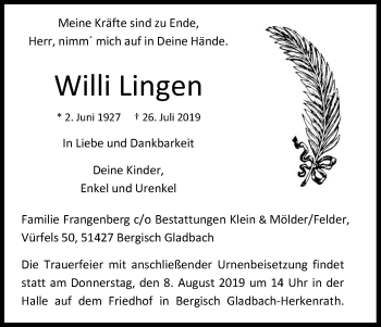 Anzeige von Willi Lingen von Kölner Stadt-Anzeiger / Kölnische Rundschau / Express