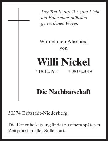 Anzeige von Willi Nickel von  Werbepost 