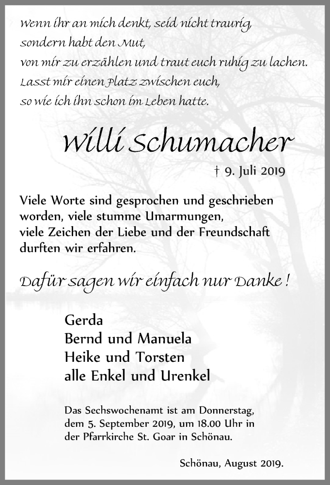  Traueranzeige für Willi Schumacher vom 24.08.2019 aus  Blickpunkt Euskirchen 