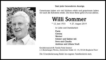 Anzeige von Willi Sommer von Kölner Stadt-Anzeiger / Kölnische Rundschau / Express