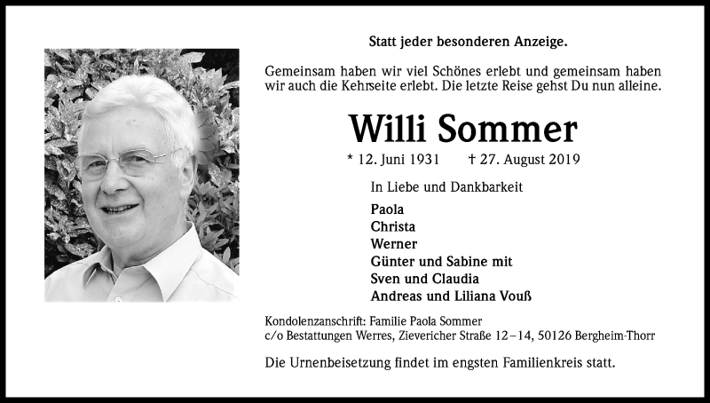  Traueranzeige für Willi Sommer vom 30.08.2019 aus Kölner Stadt-Anzeiger / Kölnische Rundschau / Express