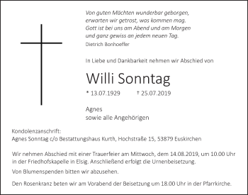 Anzeige von Willi Sonntag von  Blickpunkt Euskirchen 