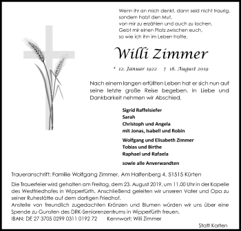 Anzeige von Willi Zimmer von Kölner Stadt-Anzeiger / Kölnische Rundschau / Express
