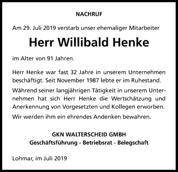 Anzeige von Willibald henke von Kölner Stadt-Anzeiger / Kölnische Rundschau / Express